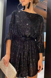 Robe courte à paillettes, col rond, manches bouffantes et ceinture - Noir